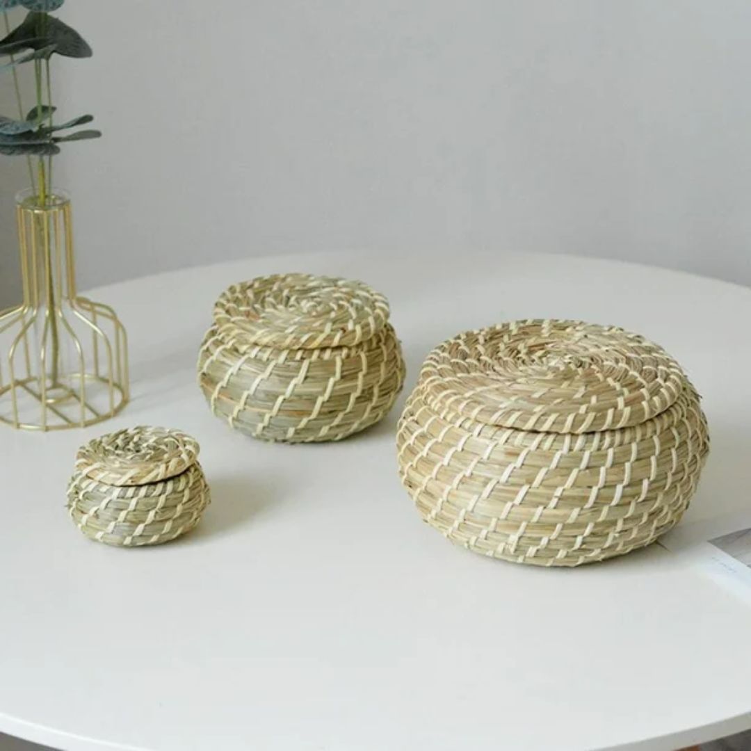 Wicker Basket With Lid - 3-Piece Durable Hand Woven Storage Baskets for Eco-Friendly Home Organization