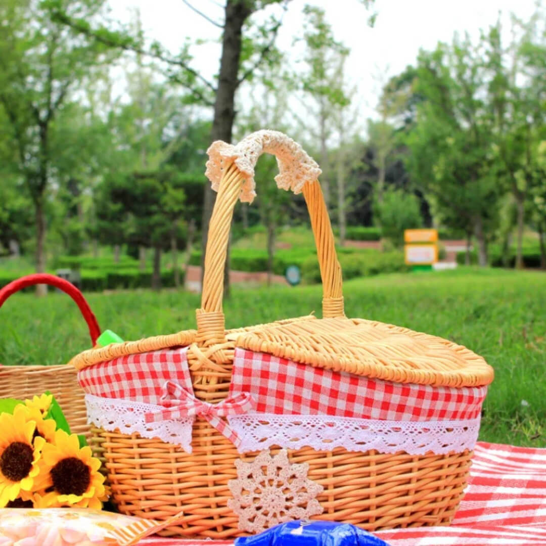 Wicker Basket with Handle red grid