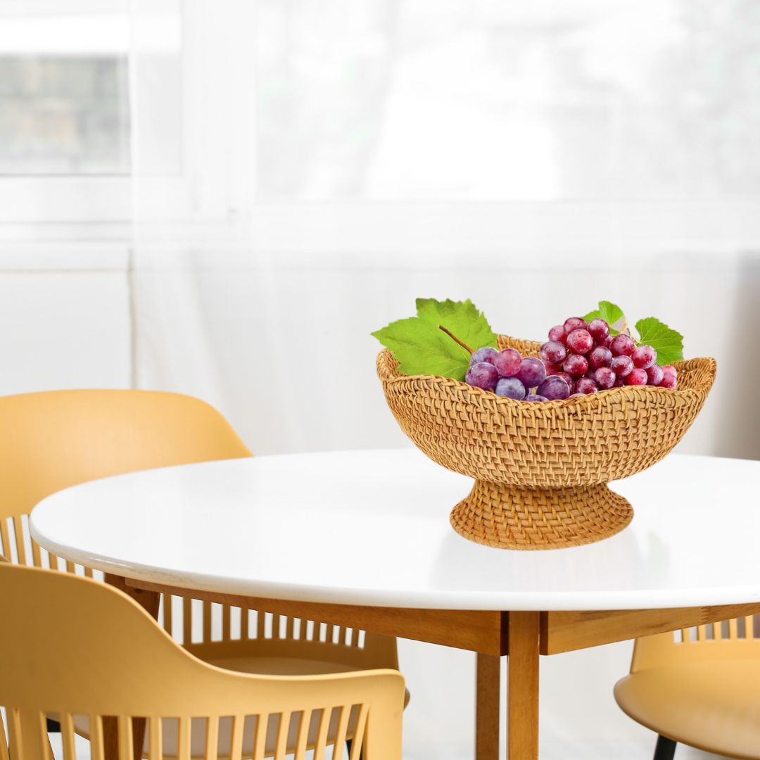 Wicker Fruit Basket - Footed Woven Storage Bowl for Kitchen & Dining