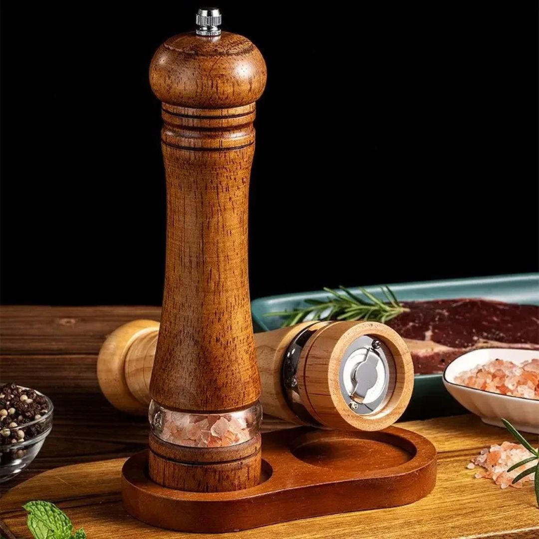 Wooden Salt and Pepper Shakers - Solid Wood Spice Mills with Adjustable Ceramic Grinder for Black Pepper and Sea Salt