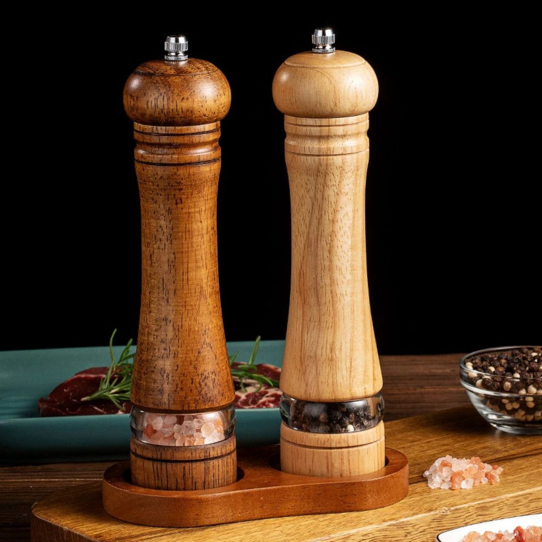 Wooden Salt and Pepper Shakers - Solid Wood Spice Mills with Adjustable Ceramic Grinder for Black Pepper and Sea Salt