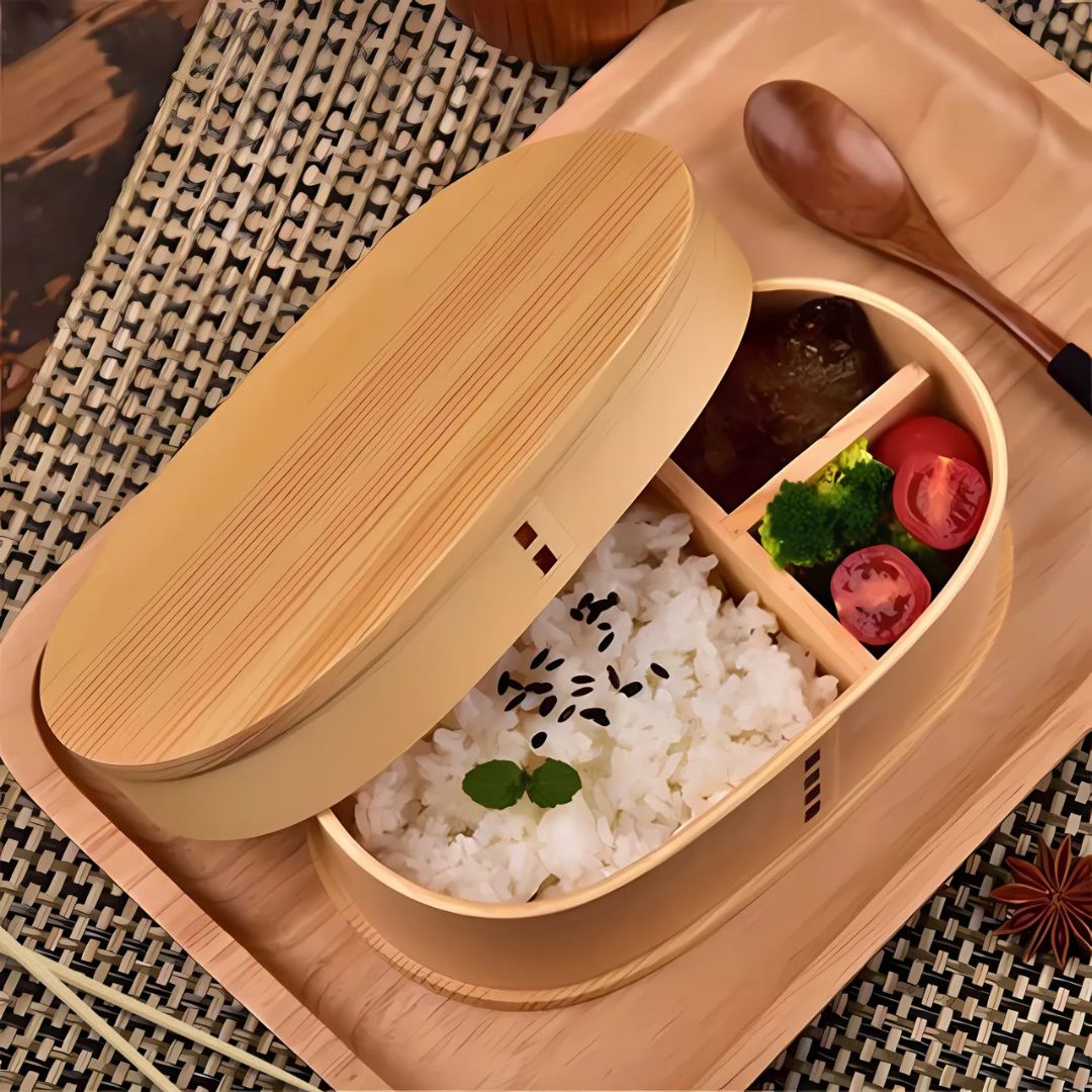 Wooden Bento Box - Traditional Lunch Box with Compartments, Portable and Reusable Meal Container