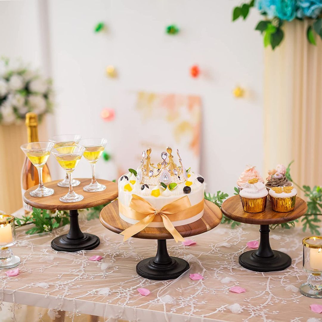 Wooden Cake Stand - Natural Acacia, Rustic Round Design for Weddings, Parties & Desserts