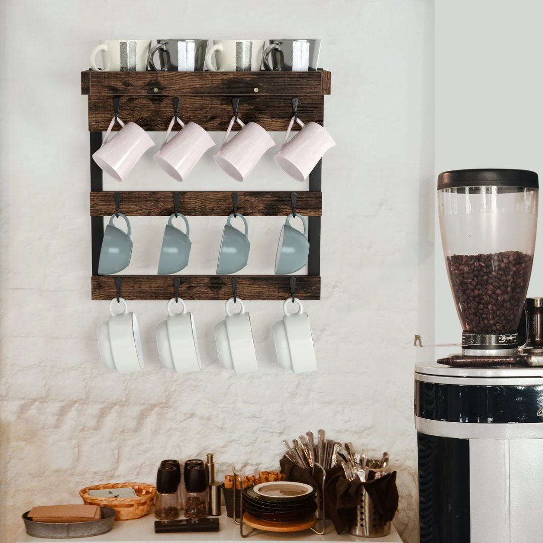 Coffee Mug Shelf - Stylish Rustic Cup Holder Rack with 12 Hooks and Wall-Mounted Wood Design