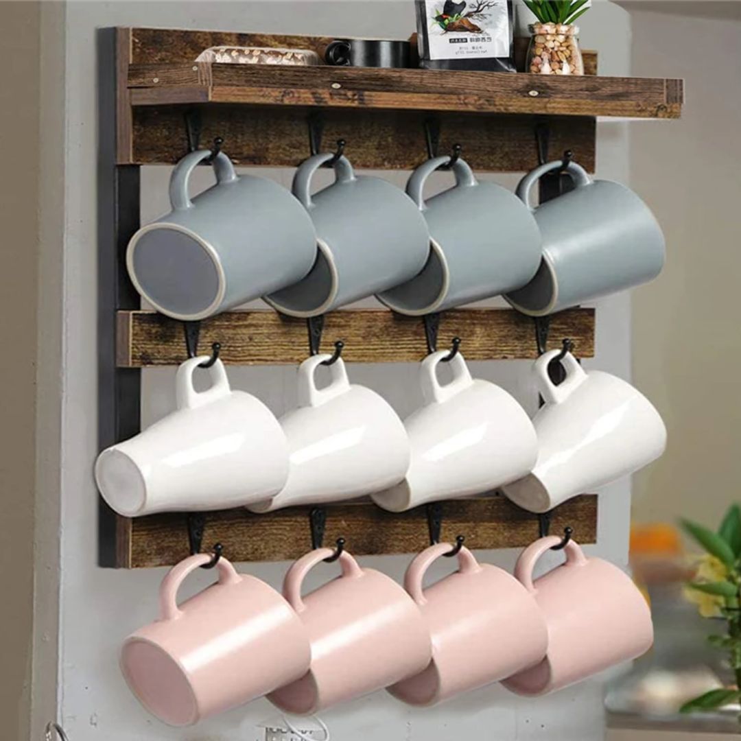 Coffee Mug Shelf - Stylish Rustic Cup Holder Rack with 12 Hooks and Wall-Mounted Wood Design