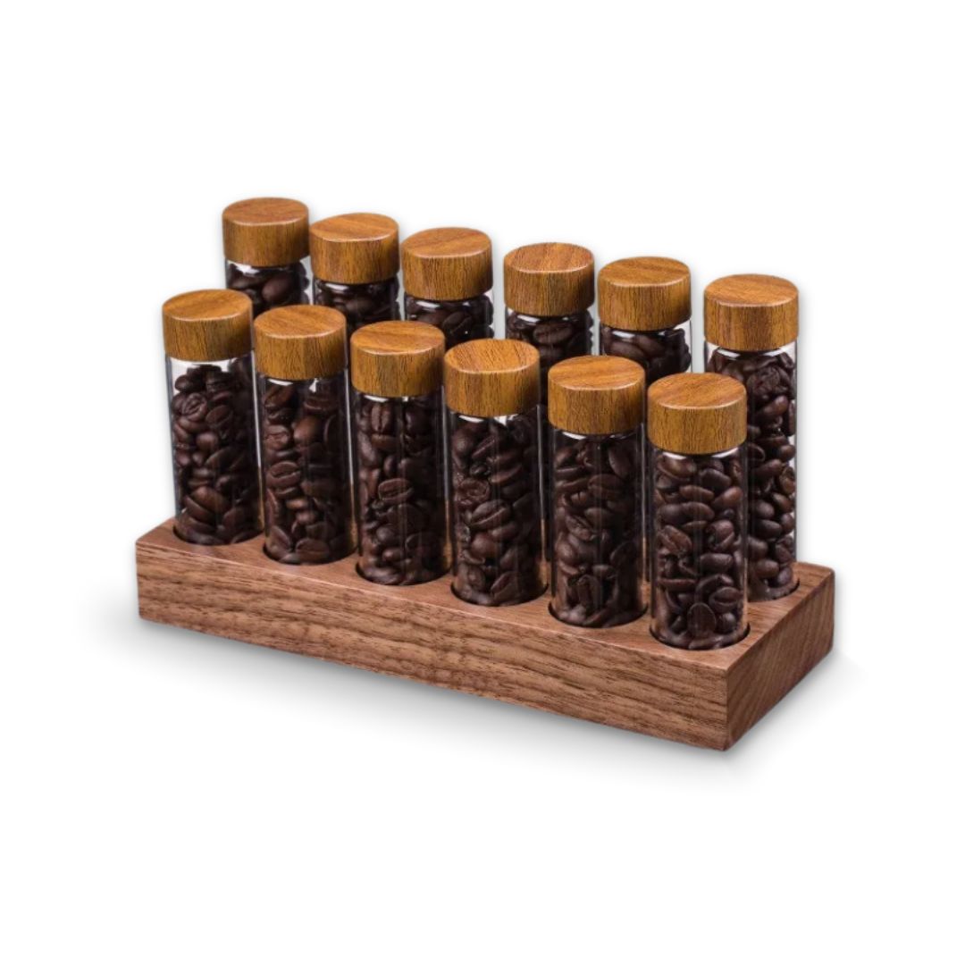 Coffee Storage Container- Stylish Coffee Beans Storage with Glass Tubes and Modern Wooden Display