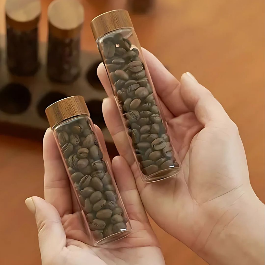 Coffee Storage Container- Stylish Coffee Beans Storage with Glass Tubes and Modern Wooden Display