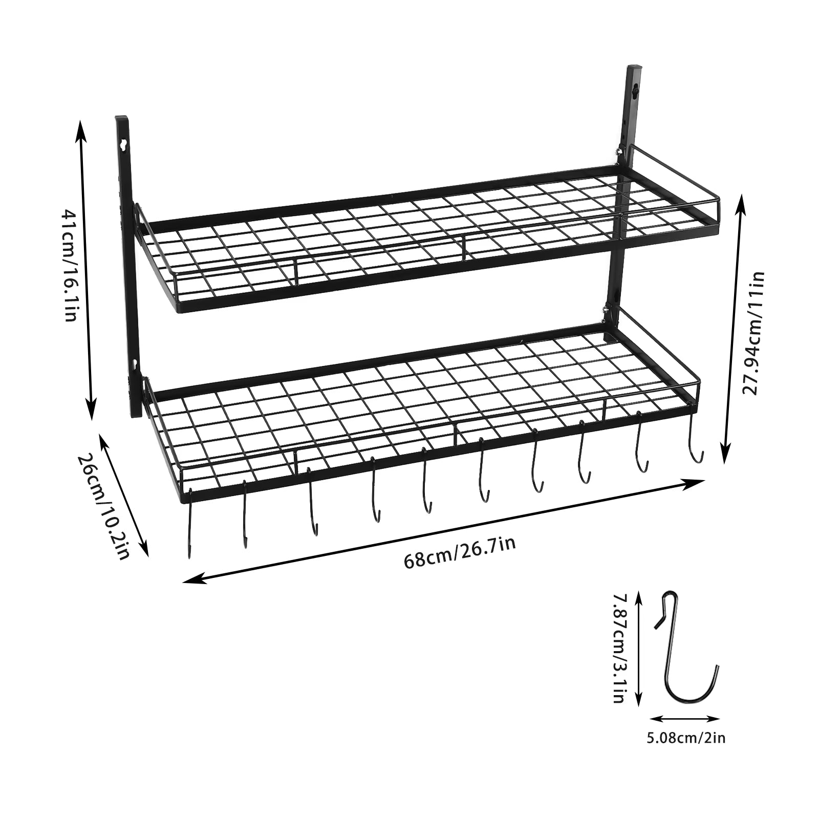 Hanging Pot and Pan Rack 2 Tier – Stainless Steel Wall-Mounted Storage Solution for Kitchen Organization