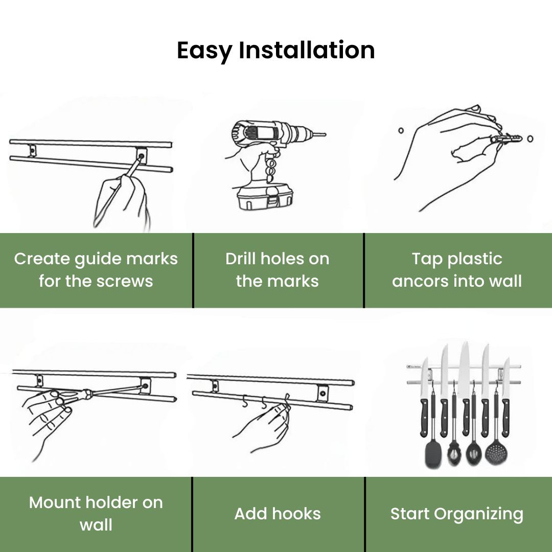 Magnetic Knife Holder - Best 18” Stainless Steel Wall Storage with 6 Hooks for Organized Kitchen