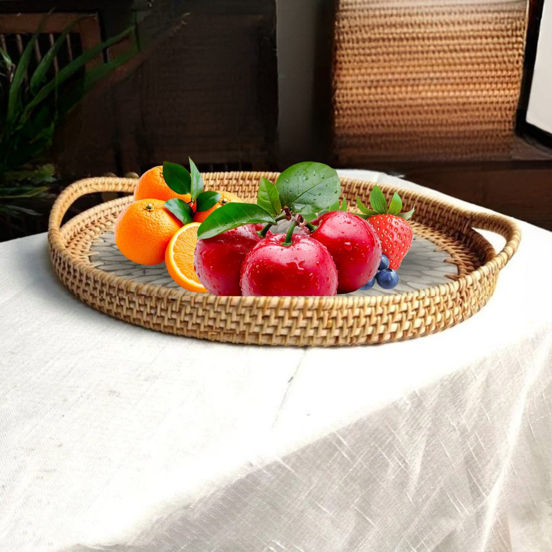  Round Rattan Tray – Durable Handwoven Basket for Serving Snacks, Organizing Tableware and Storing Food