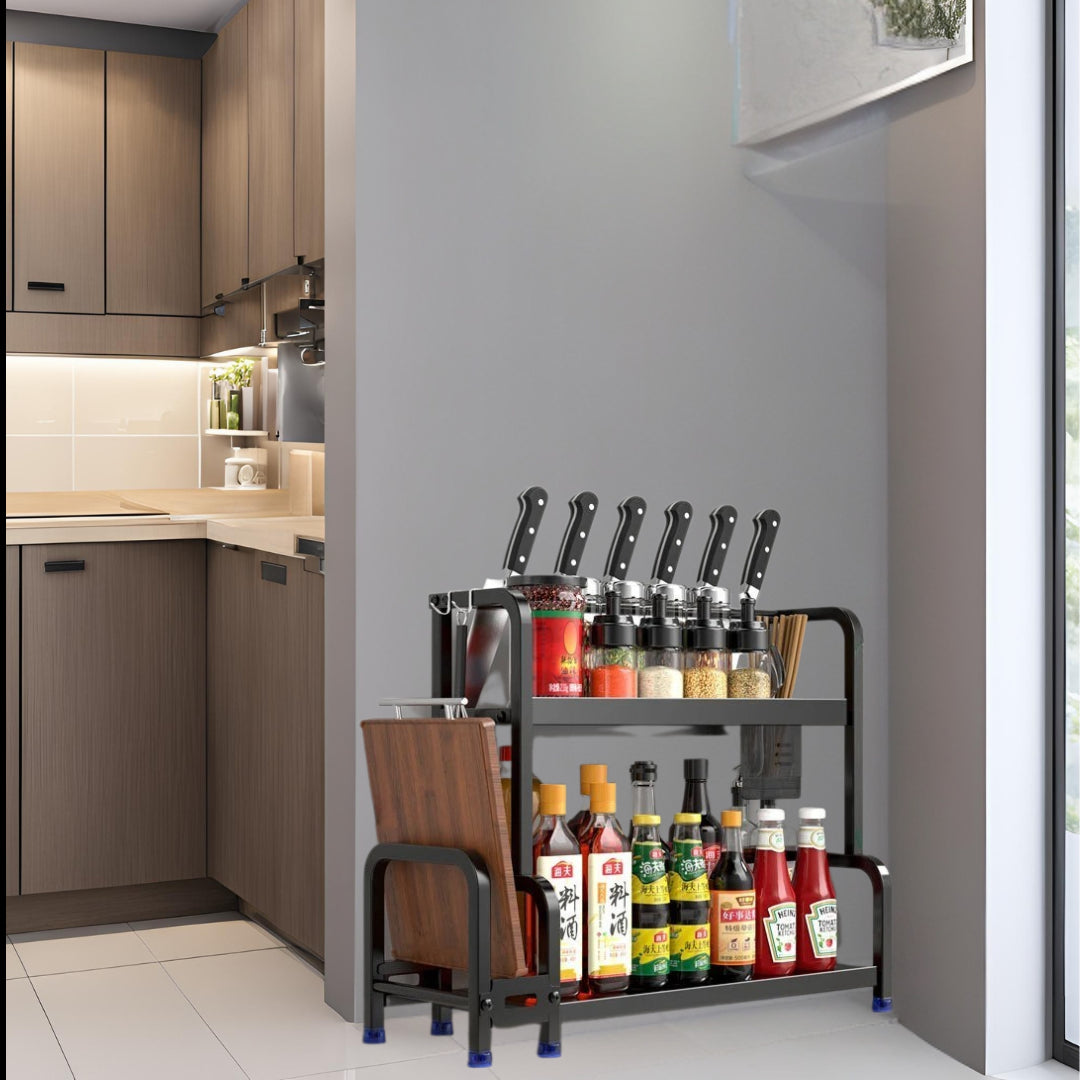 kitchen storage rack beside bathroom