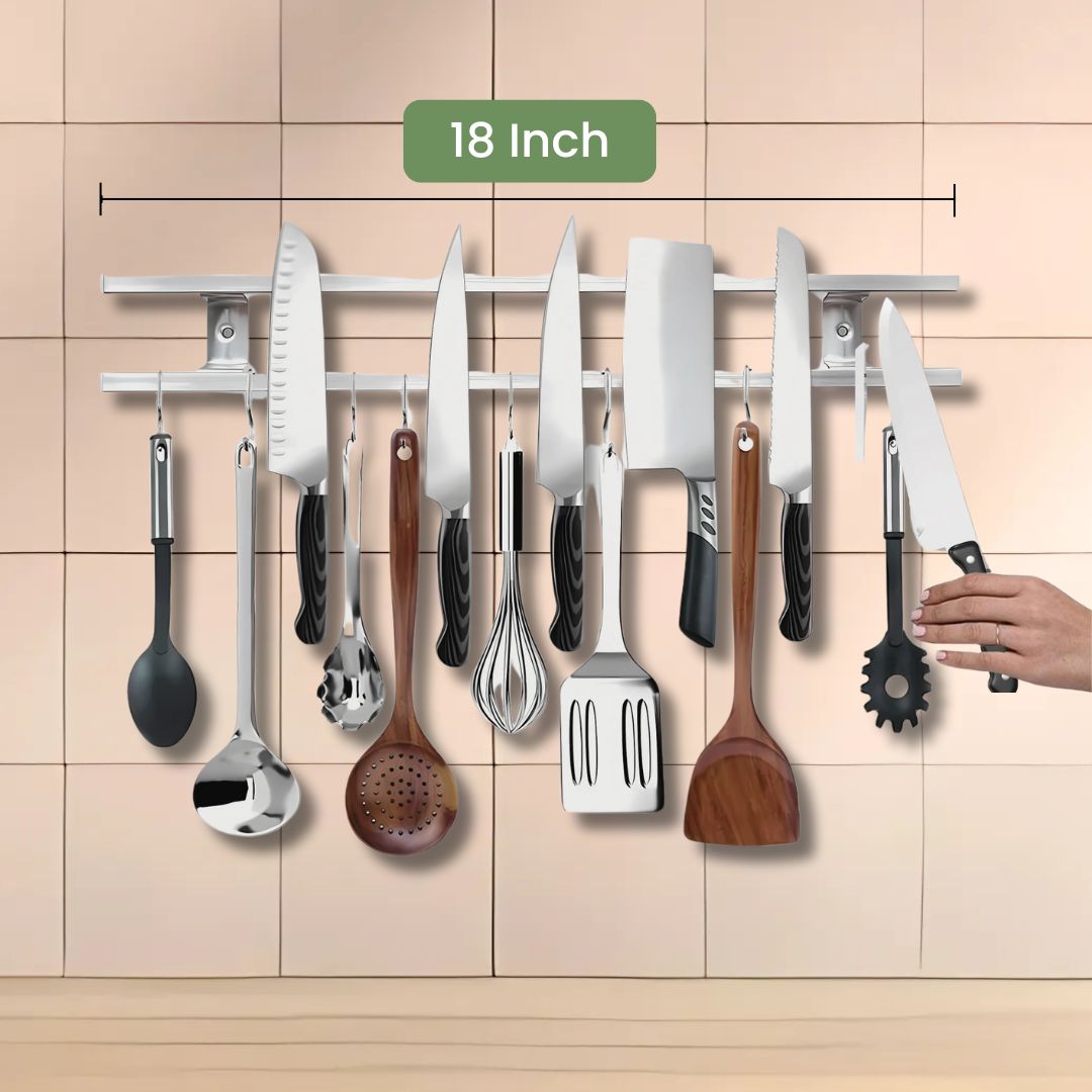 Magnetic Knife Holder - Best 18” Stainless Steel Wall Storage with 6 Hooks for Organized Kitchen