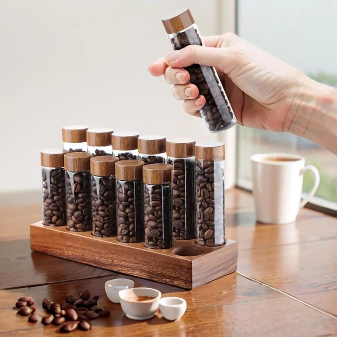 Coffee Storage Container- Stylish Coffee Beans Storage with Glass Tubes and Modern Wooden Display