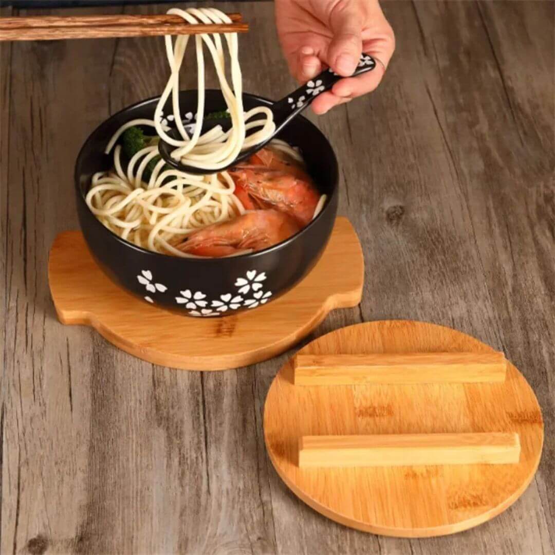 Ramen Bowl Set - Japanese Ceramic Bowl for Noodles, Soups, Rice with Chopsticks, Spoon and Lid