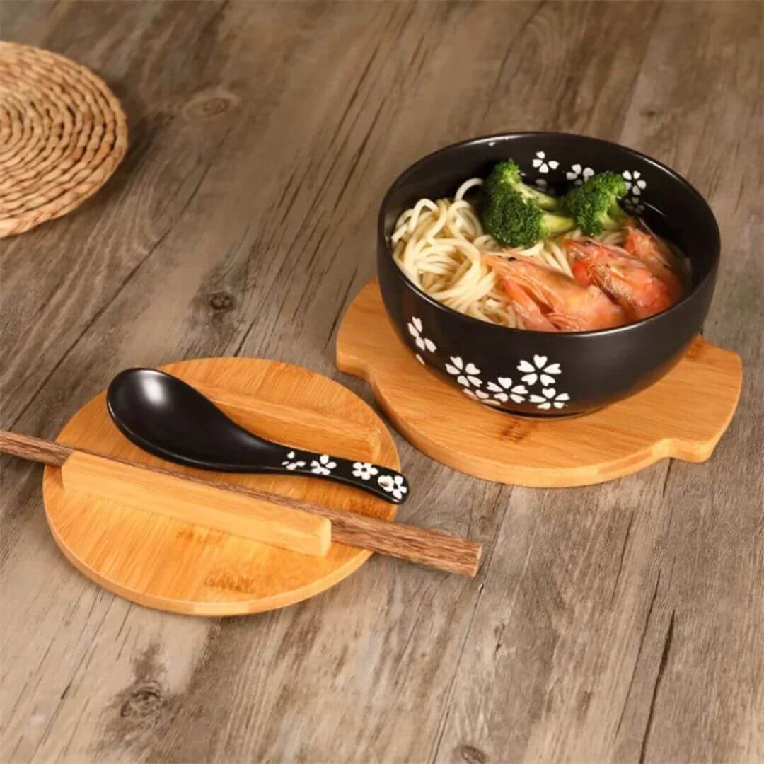 Ramen Bowl Set - Japanese Ceramic Bowl for Noodles, Soups, Rice with Chopsticks, Spoon and Lid