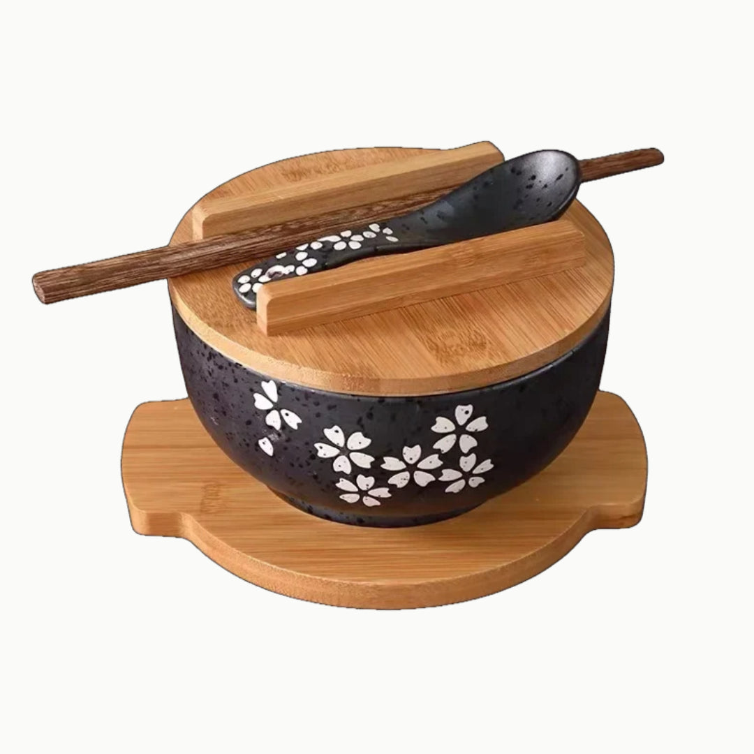 ramen bowl set black style with tray