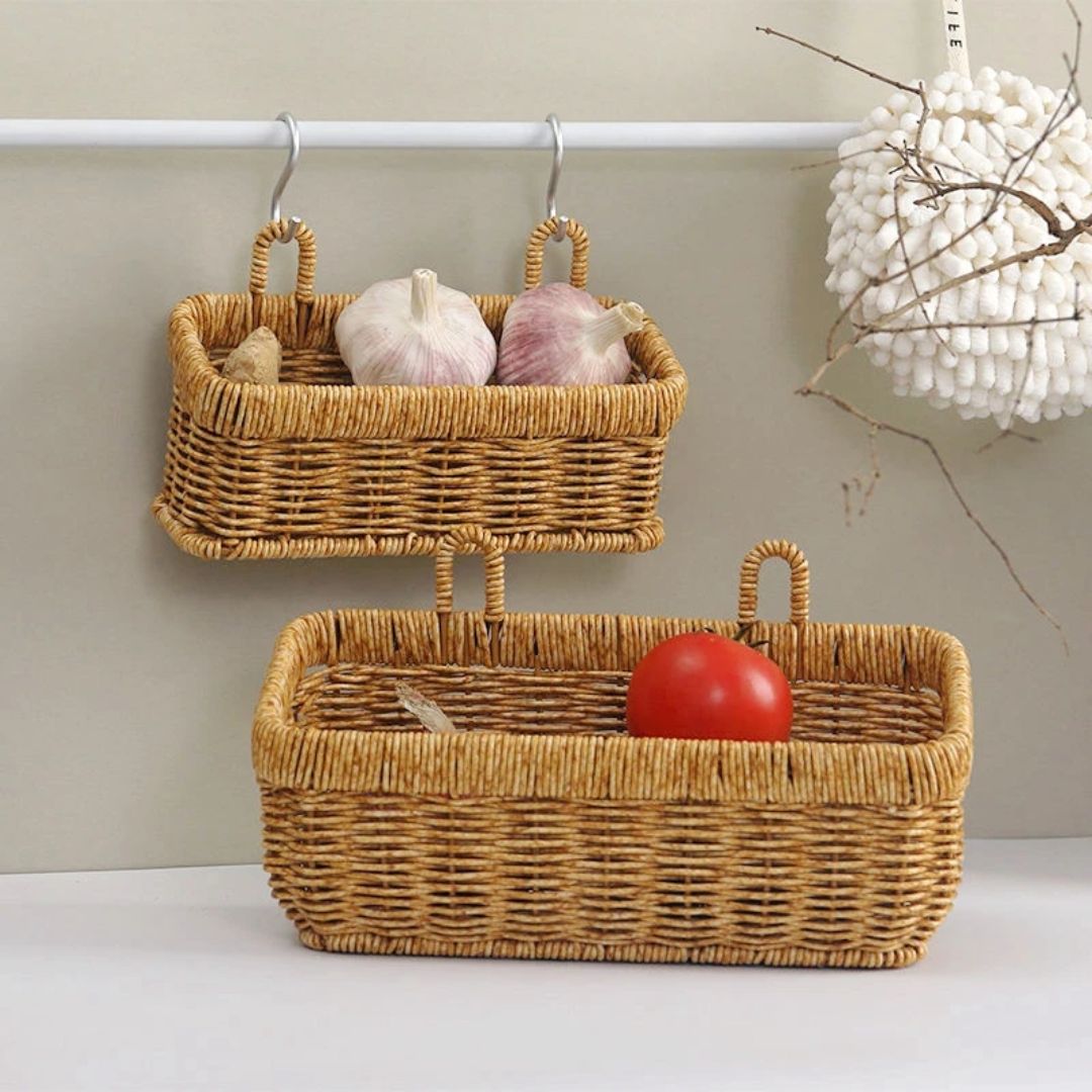 Rattan Hanging Basket - Kitchen Wall Storage Woven Holder & Wicker Planter