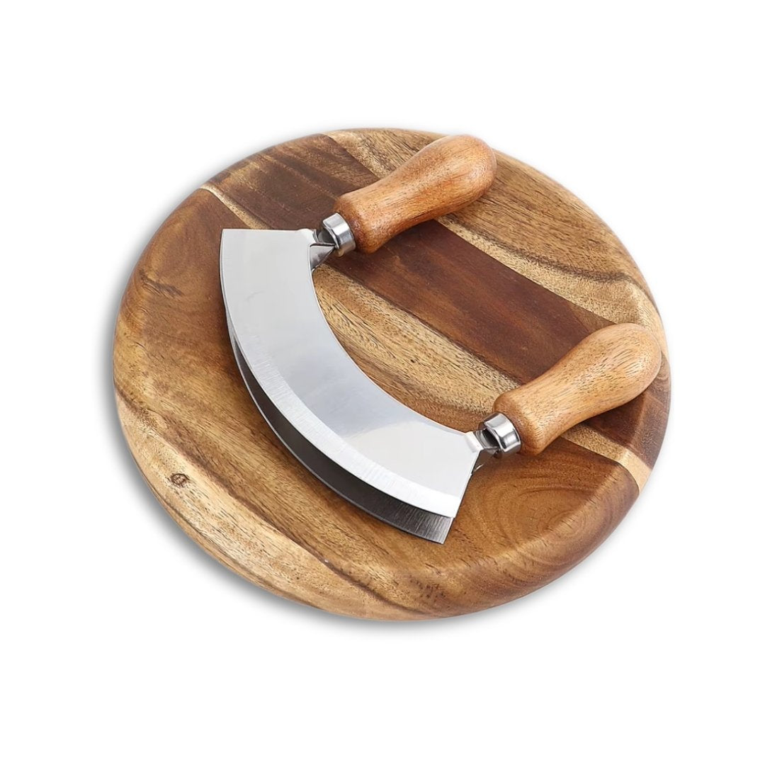 Round Cutting Board - Wooden Cutting Board with Knife for Kitchen, Pizza and Food Preparation