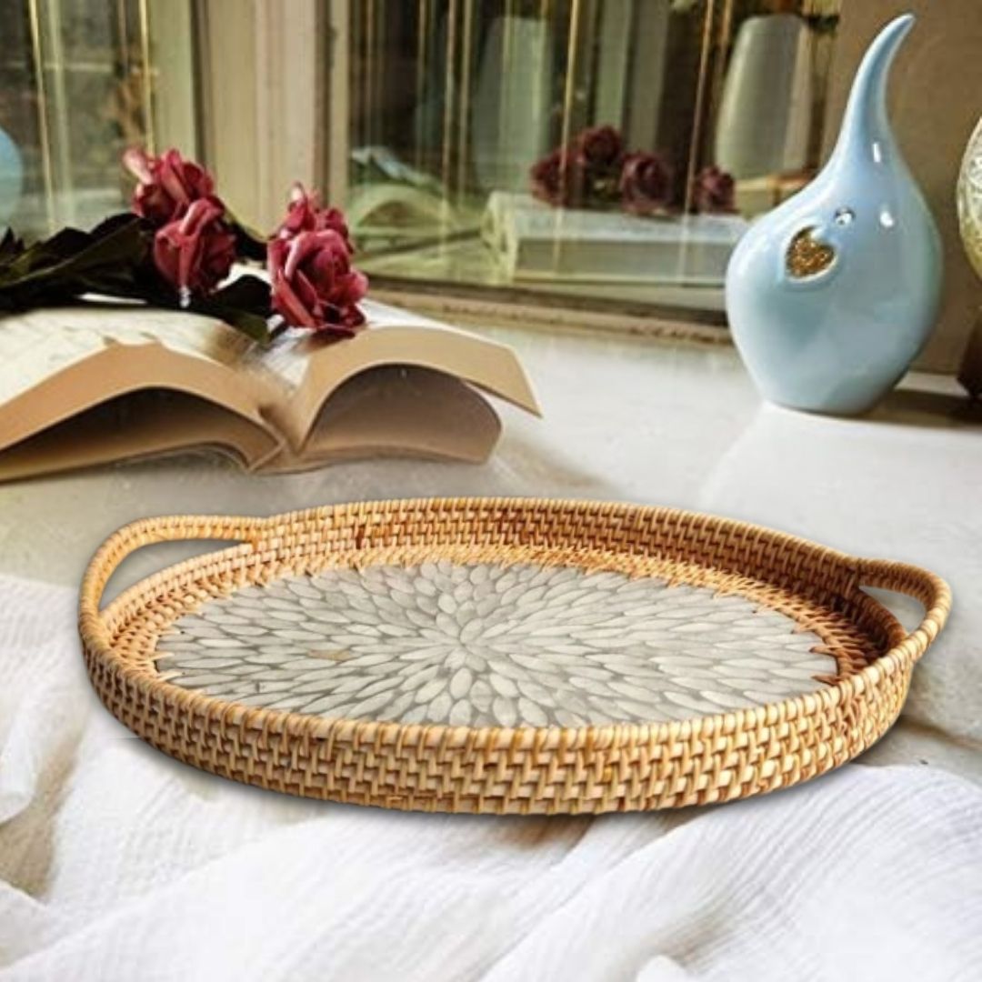  Round Rattan Tray – Durable Handwoven Basket for Serving Snacks, Organizing Tableware and Storing Food