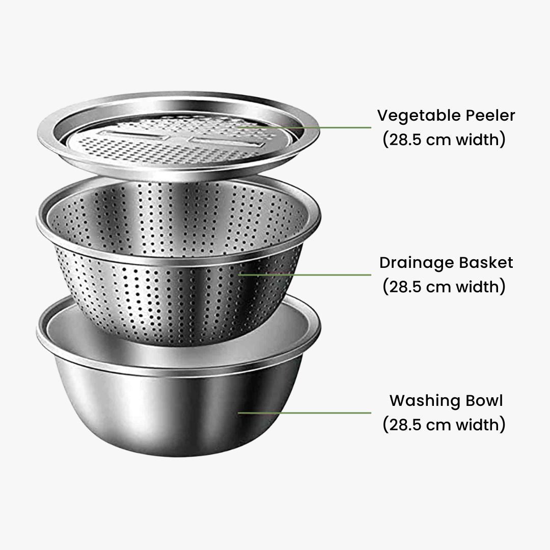 Stainless Steel Colander - 3Pcs Set with Grater, Strainer and Drain Bowl