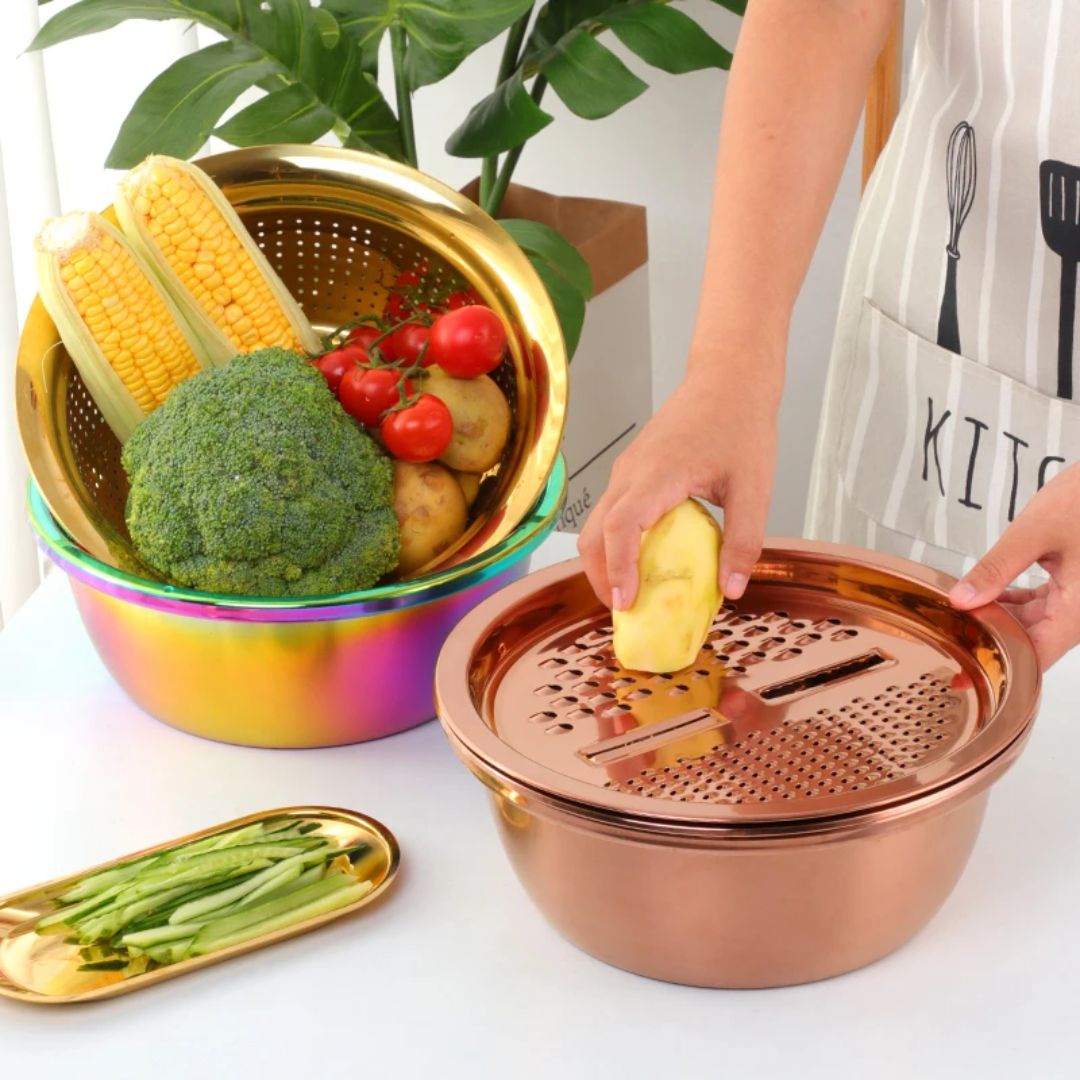 Stainless Steel Colander - 3Pcs Set with Grater, Strainer and Drain Bowl