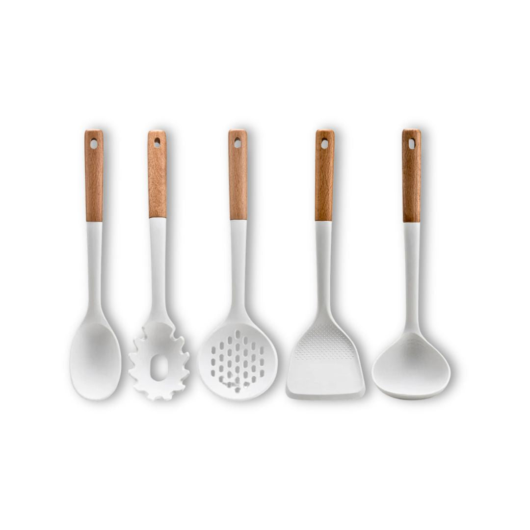 White Silicone Kitchen Utensils - Serving Spoon & Shovel Set for Cooking