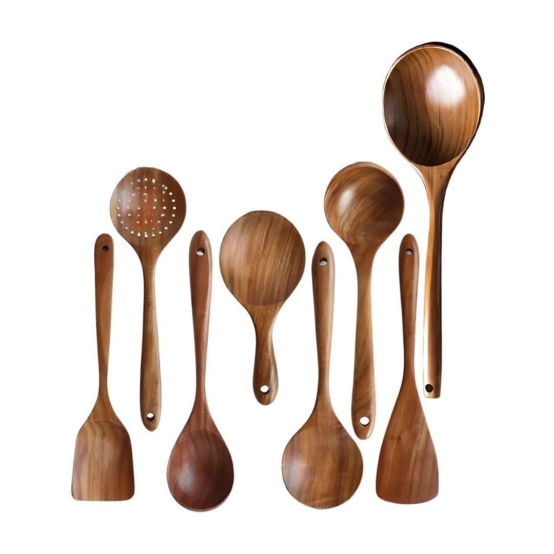 Wooden Cooking Spoon Set - Spatula with Holder for Non-Stick Cookware & Kitchen Decor